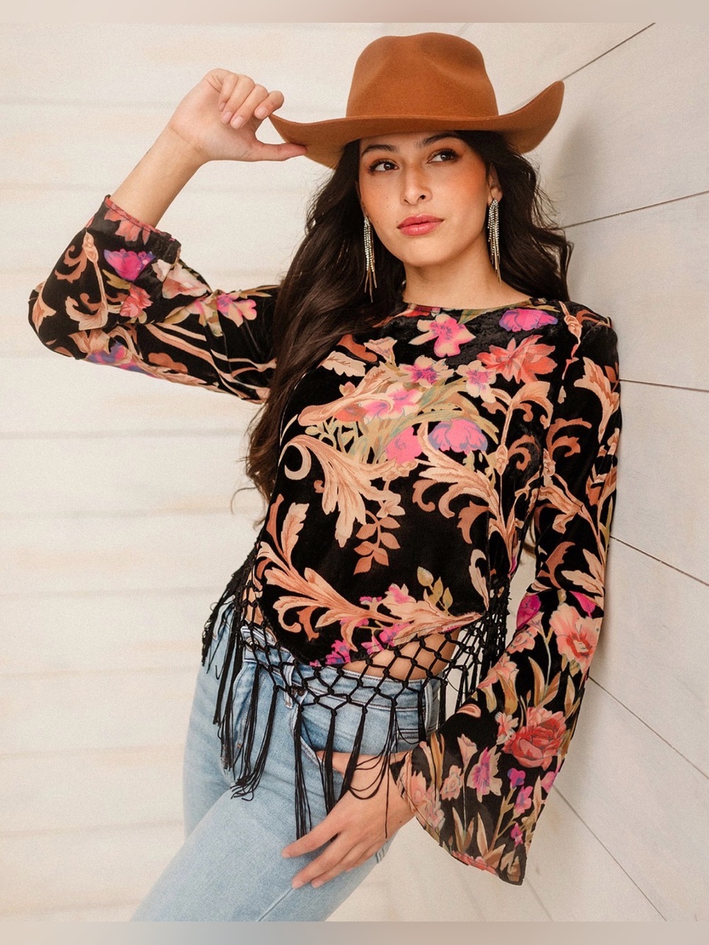 Sterling & Stitch Velvet Floral Fringe Top - Black with Pink & Olive
